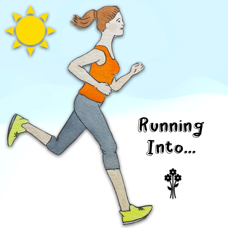 Drawing of a woman running outside in sunshine.