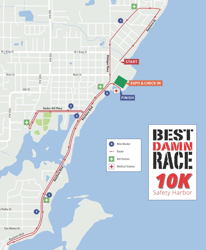 Course map for the Best Damn Race Safety Harbor 10K.