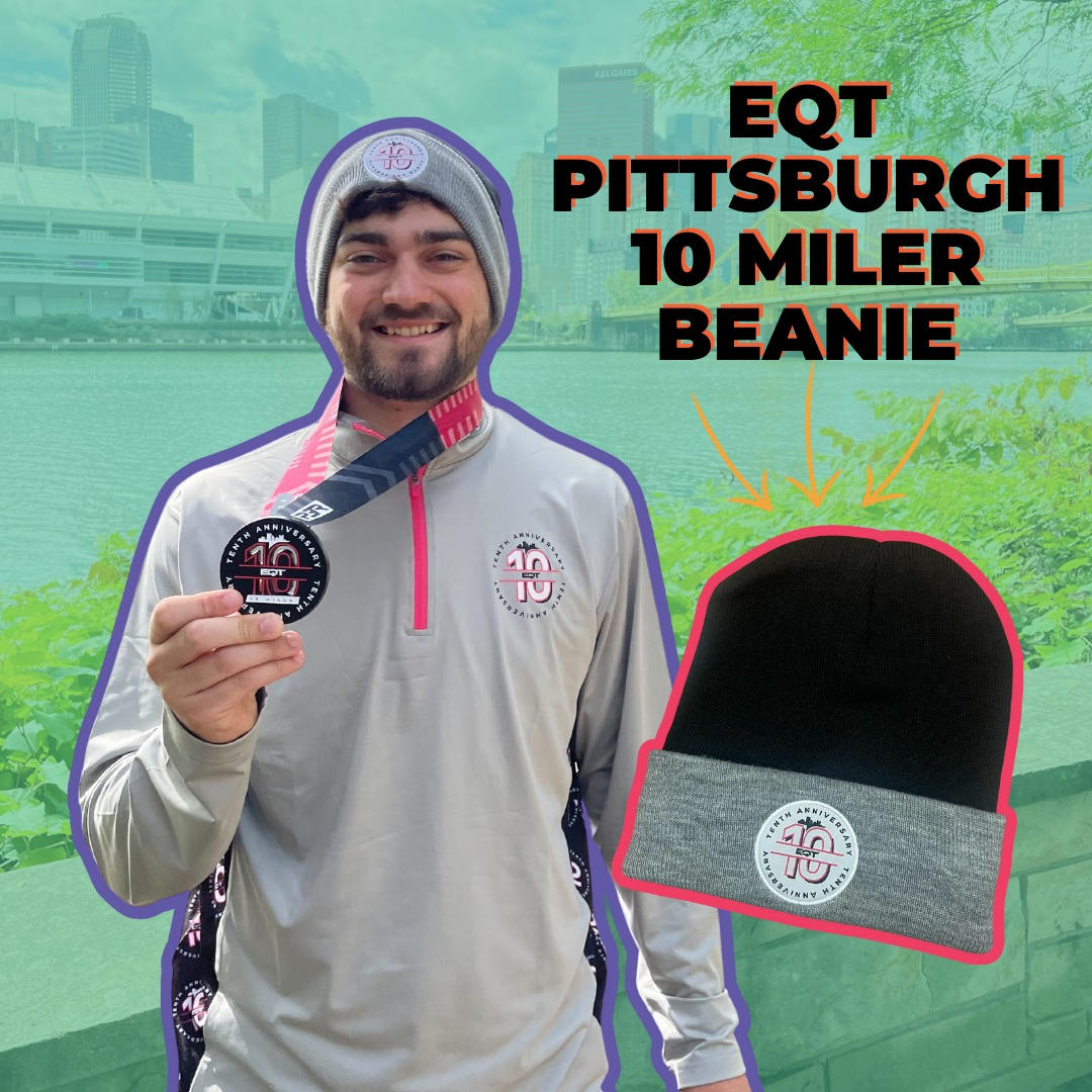2022 EQT Pittsburgh 10 Miler medal, quarter zipe and beanie SWAG.
