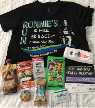 Race shirt and goodie bag for Ronnie's Run November 2016 race.