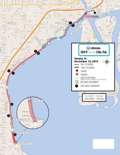 Map of the Tampa Hot Chocolate Race Courses. The course travels along Bayshore Blvd. in Tampa, FL.