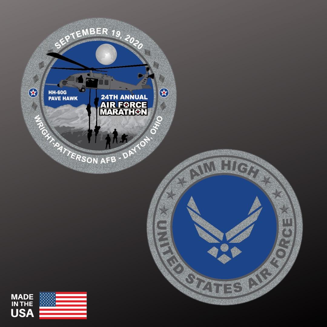Image of front and back of the 2020 Air Force Marathon Challenge Coin.