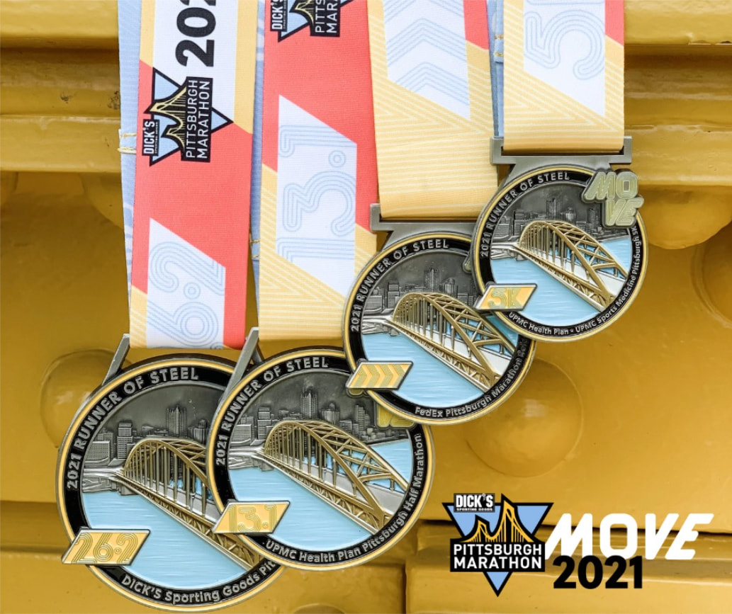 2021 medals for the Pittsburgh Marathon Full, Half, Relay and 5K Races.