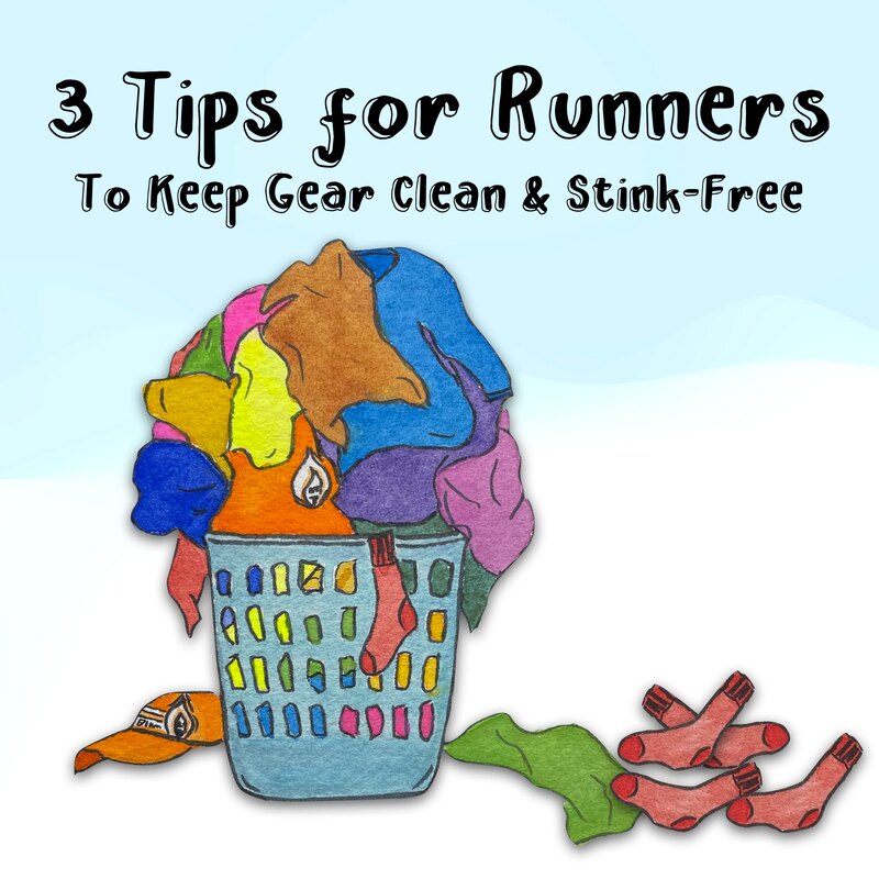 3 Tips for Washing Workout Gear. Drawing of a pile of workout clothes in a laundry basket.
