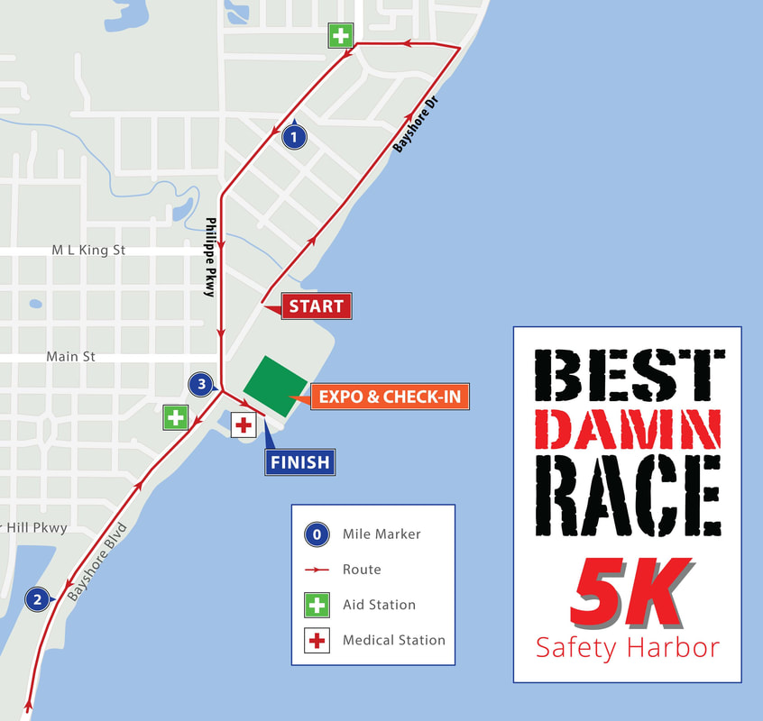 Race course map for the 5K at the Best Damn Race in Safety Harbor, Florida.
