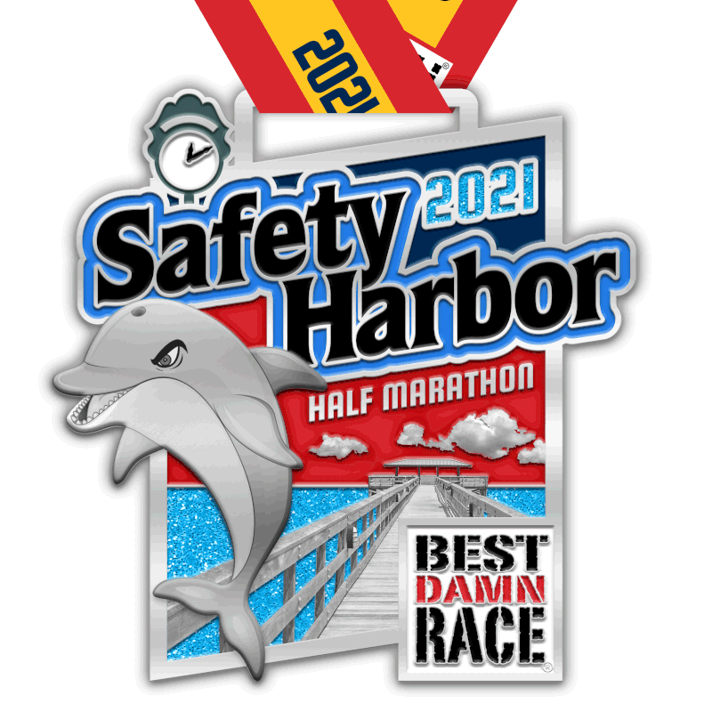 Front and back views of Best Damn Race Safety Harbor Half Marathon Medal.