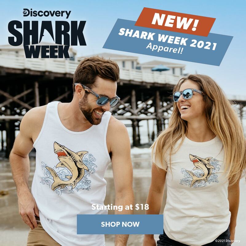 Photo of couple wearing Shark Week sunglasses and Shark Week Shirts by Knockaround.