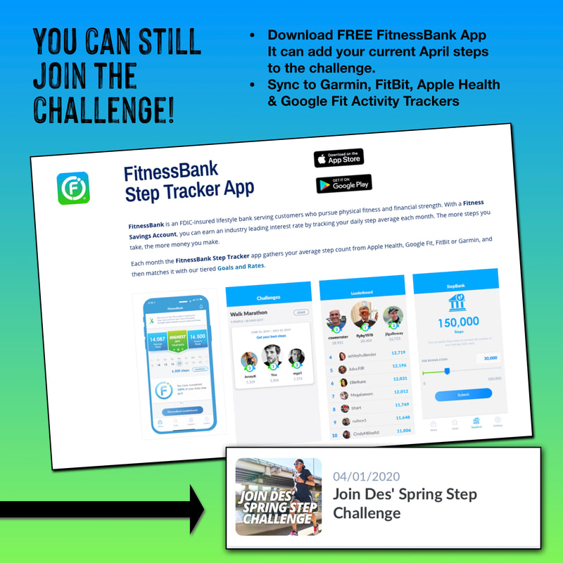 Graphic showing the FitnessBank Tracker App download page and the Des Linden Step Challenge Group in the app.