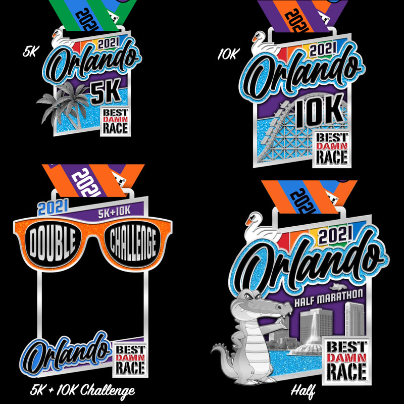 Race medals for the Best Damn Race Orlando 5k, 10k, Challenge and Half Marathon races.