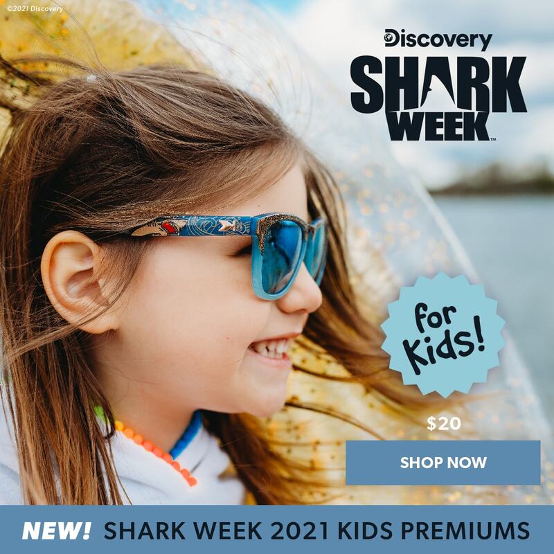 Photo of young girl wearing Kid Size Shark Week Sunglasses.