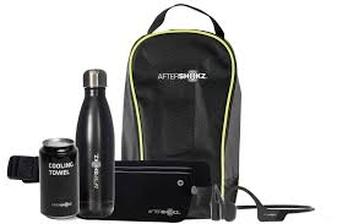AfterShokz Aeropex Bundle with shoe bag, water bottle, cooling towel and fuel belt.