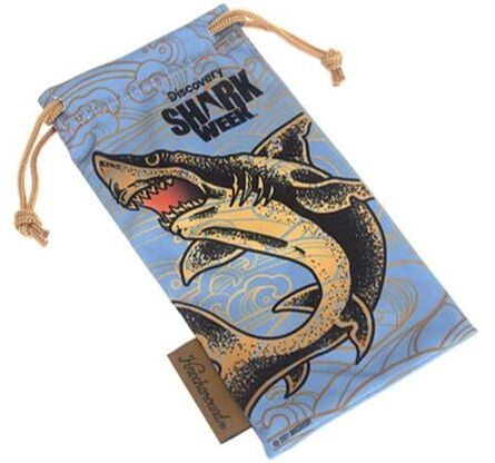 Shark Week sunglasses soft protective pouch doubles as a lens cleaner. Great white shark and logos are printed on the front and back of the pouch.