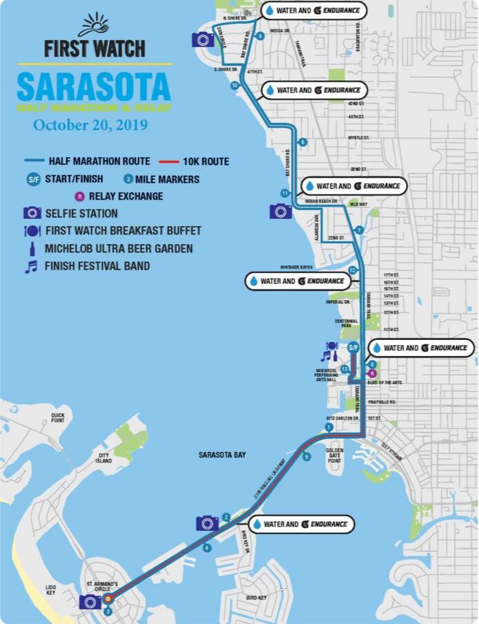 2019 First Watch Sarasota Half Marathon, Relay, and 10K Course Map.