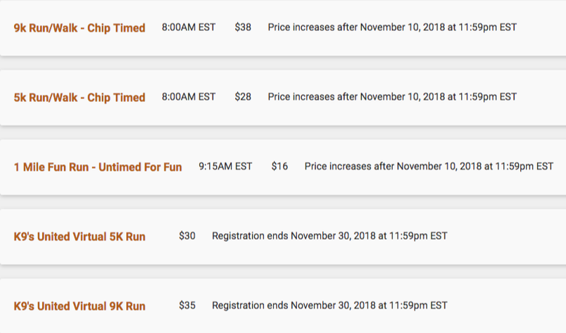 Pricing schedule for K9s United races on December 1, 2018 in Apopka, FL