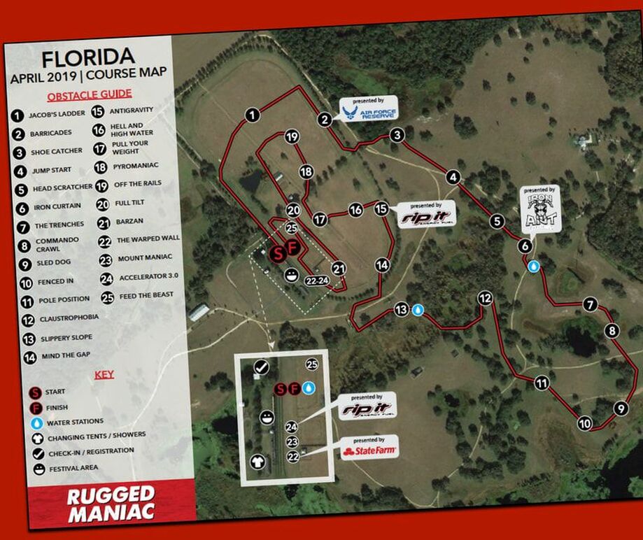 Aerial view map with Rugged Maniac obstacle locations for Dade City event.
