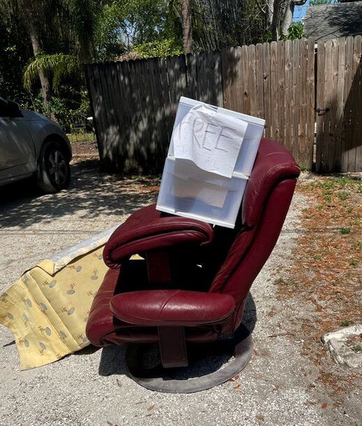 Leather recliner found in an alley while running virtual Louisville Triple Crown of Running race.