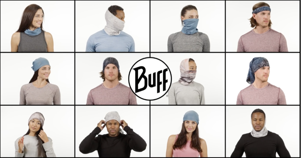 Grid showing 12 ways to wear Buff multifunctional headwear.