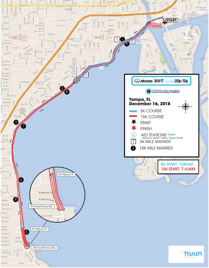 Map of 2018 Race Course for Hot Chocolate Race in Tampa. 