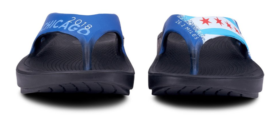 Chicago Marathon model of Oofos sandals.