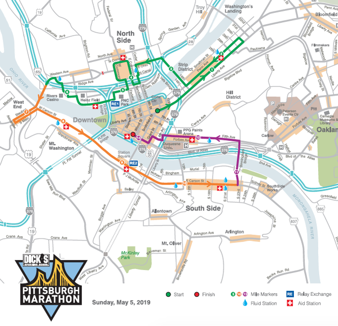 Map of 2019 Pittsburgh Half Marathon on May 5