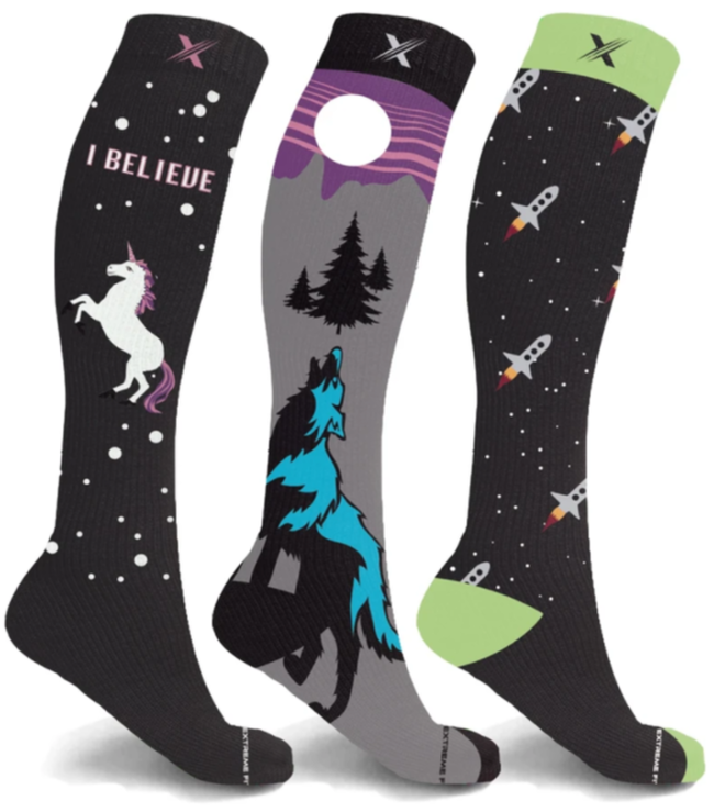 Picture of 3 pairs of glow in the dark compression socks by Extreme Fit USA.