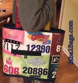 Tote bag made from race bibs.