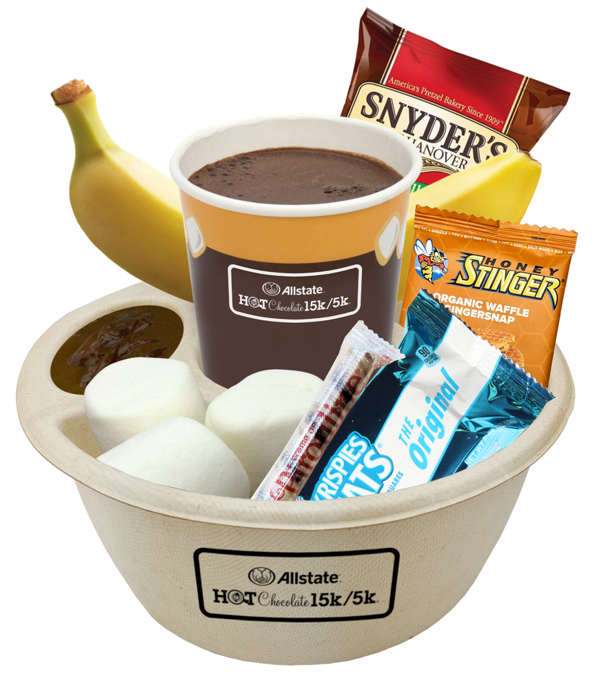 Hot Chocolate Race finishers cup includes chocolate fondue and dippables.