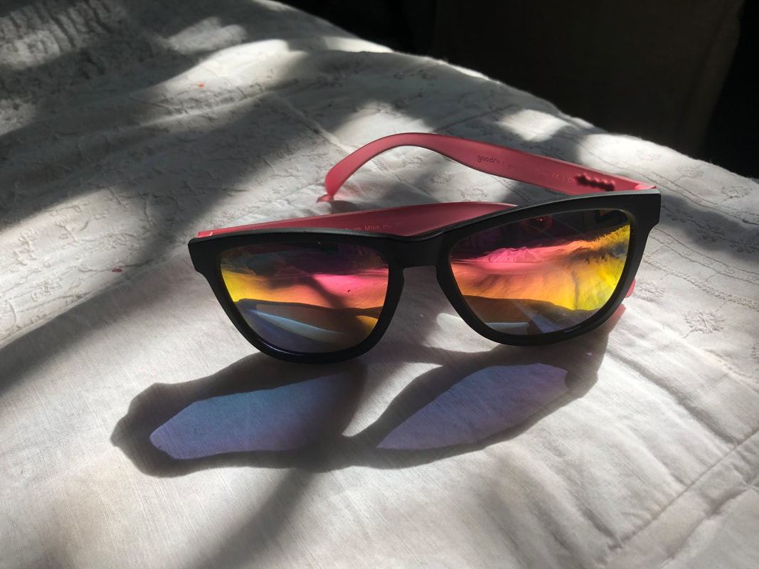 Picture of pink and yellow sunglasses.