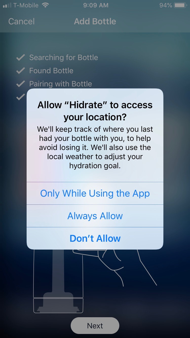Screenshot of Hidrate Spark app setup.