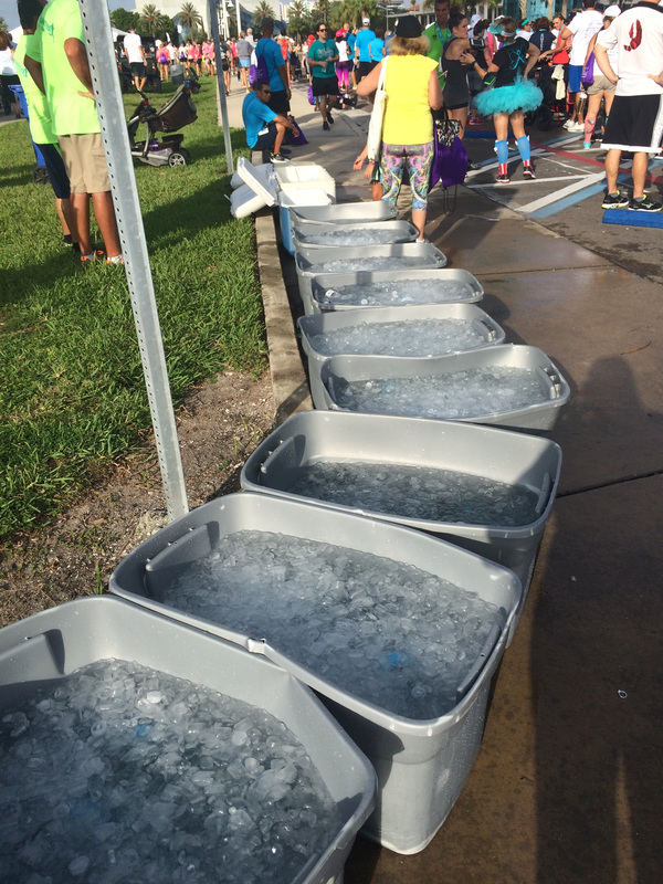 Bins of ice cold water bottles for runners in the One Step Closer to the Cure races.