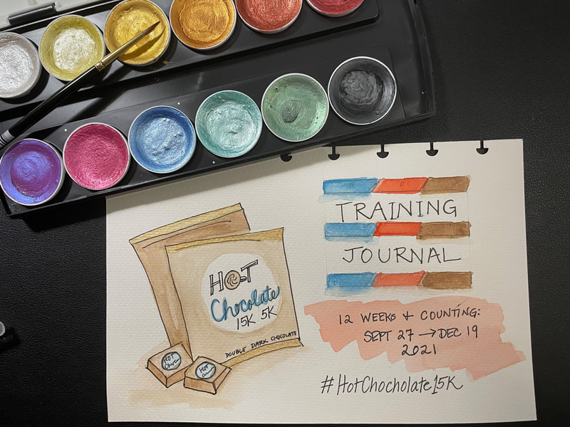 Watercolored cover of training journal next to palette of metallic paints.
