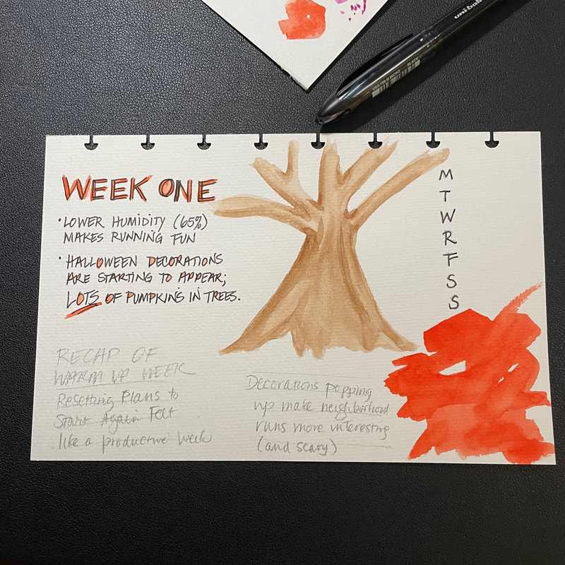Week One of training journal with tree and orange pumpkin.
