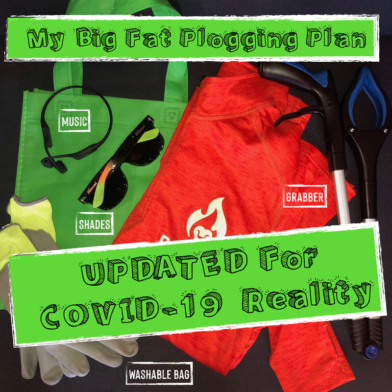 Flat Lay of Pogging Kit includes sunglasses, gloves, headphones, bag, garbage picker and bright clothing.