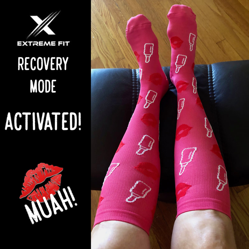 Picture of a runner wearing compression socks for recovery after a workout.
