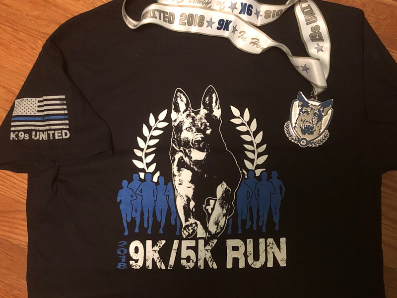Race medal and shirt for K9s United virtual 9K race.
