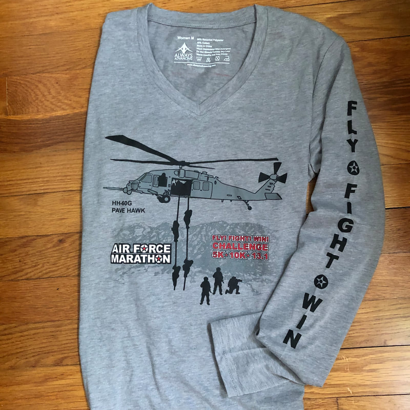 2020 Air Force Marathon Womens Race Shirt is long sleeve with a v-neck.