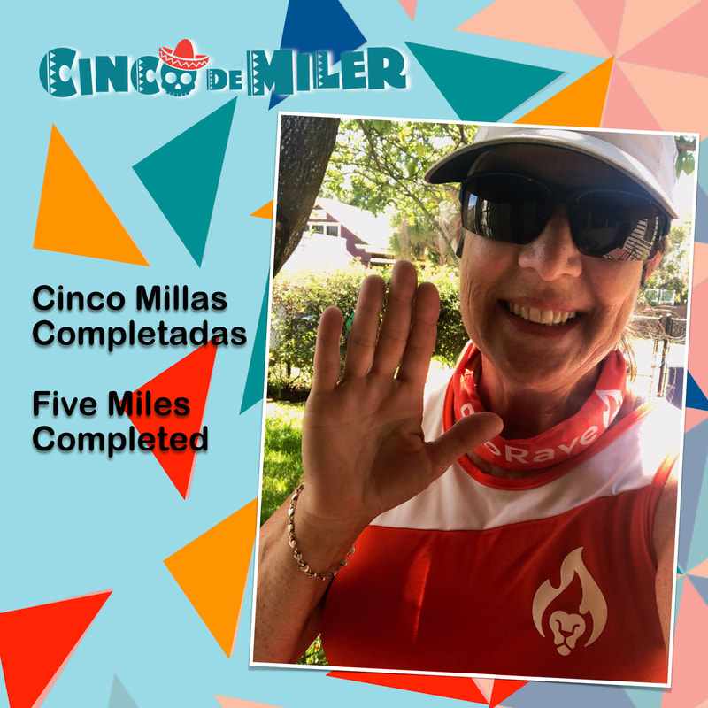 Cinco de Miler graphic for mile 5 shows a smiling runner holding up 5 fingers for 5 miles.