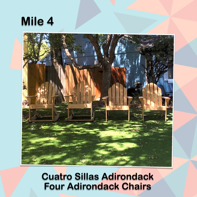 Cinco de Miler graphic for mile 4 is a picture of 4 Adirondack chairs in a row.