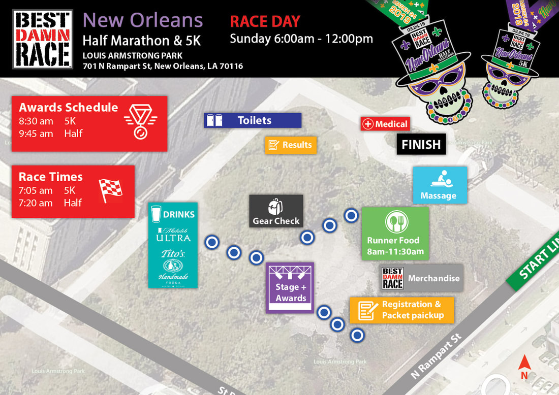 Map of layout for Best Damn Race post race party and fitness expo in Louis Armstrong Park in New Orleans, LA.