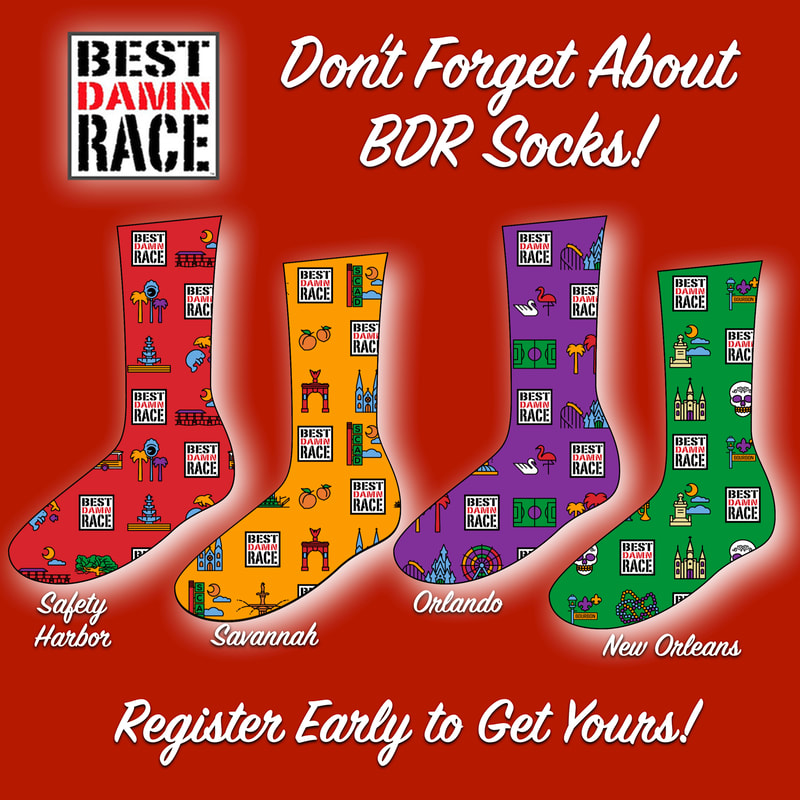 Best Damn Race city-specific socks for runners in Safety Harbor, NOLA, Savannah and Orlando.