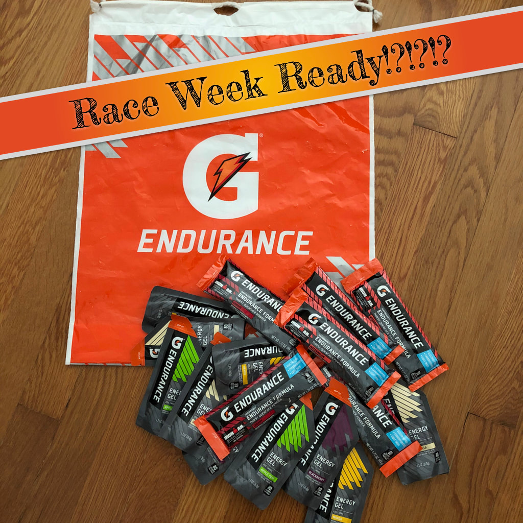 Gatorade Endurance bag with a dozen gels and six thirst quencher pouches.