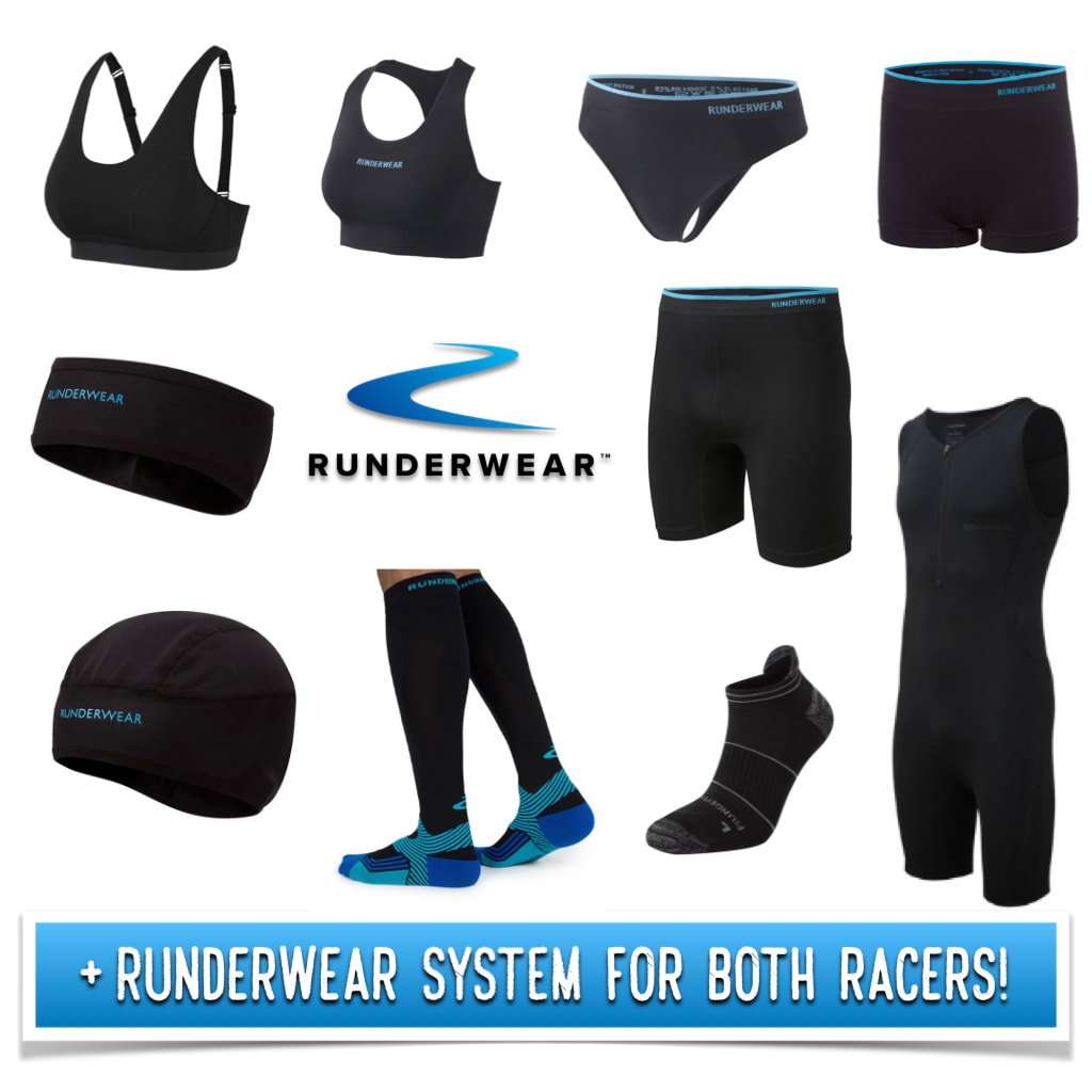 Photo of a complete Runderwear Runnning System including socks, headwear, bras, and underwear.