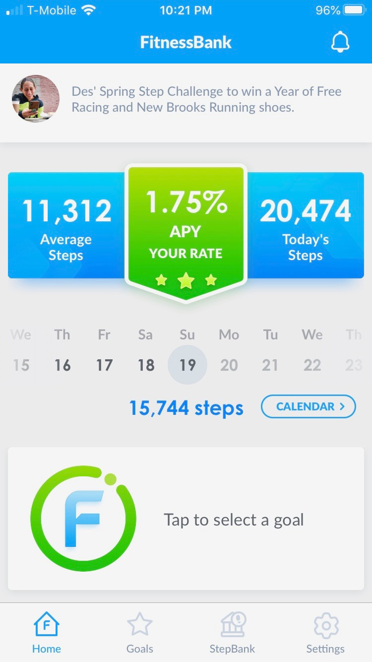 Screen shot of the daily step totals in the FitnessBank Tracker app.