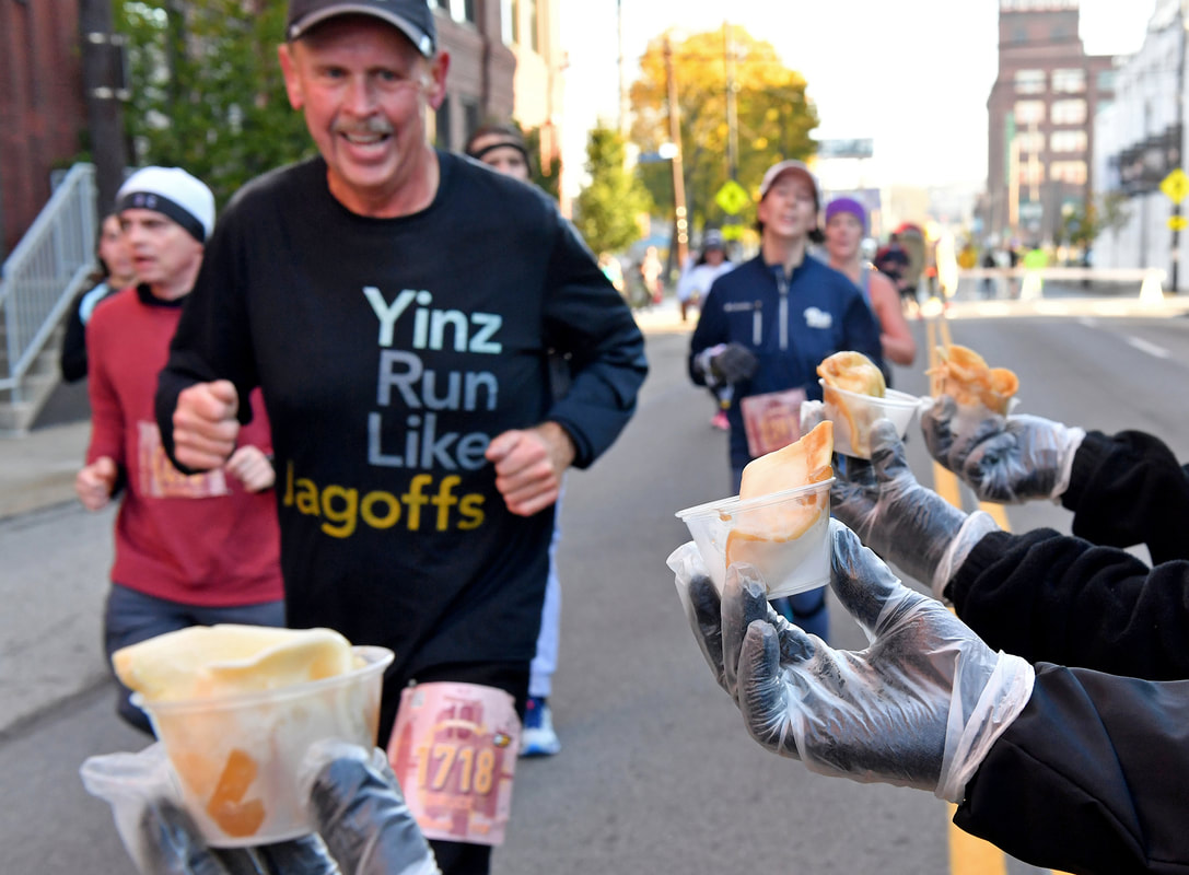 Pierogies given to runners during the EQT Pittsburgh 10 Miler race