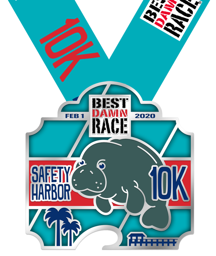 Picture of the 10K medal for the Best Damn Race in Safety Harbor, FL on February 1, 2020.