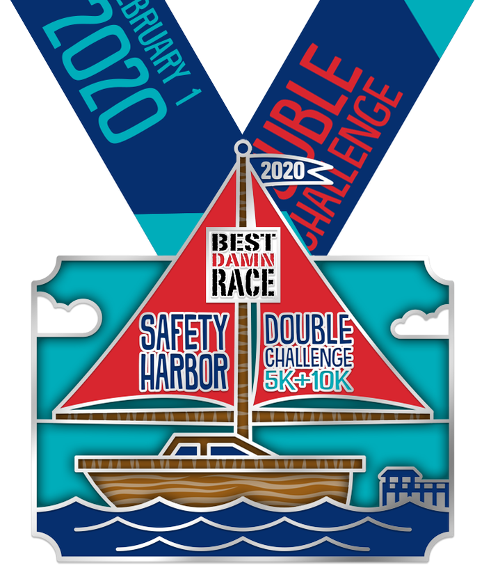 Picture of the Double Challenge medal for the 2020 Best Damn Race in Safety Harbor, FL.