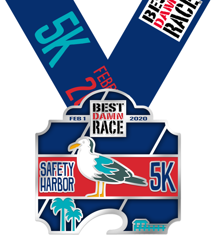 Picture of the 5K medal for the 2020 Best Damn Race in Safety Harbor, FL