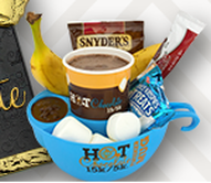 Hot Chocolate Race Finisher Mug filled with goodies.