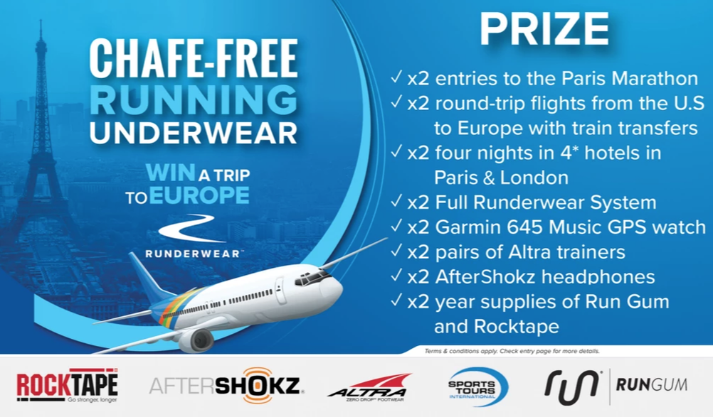 Infographic describing the prize package for the Runderwear and BibRave Paris Marathon Sweepstakes.