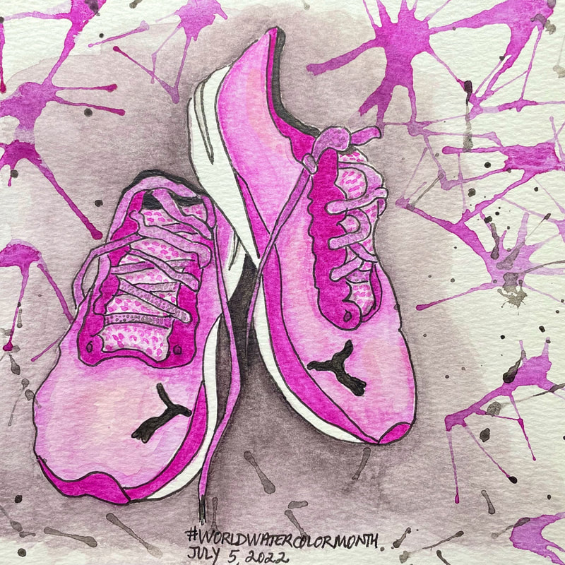 Watercolor sketch of Puma running shoes in bright purple.